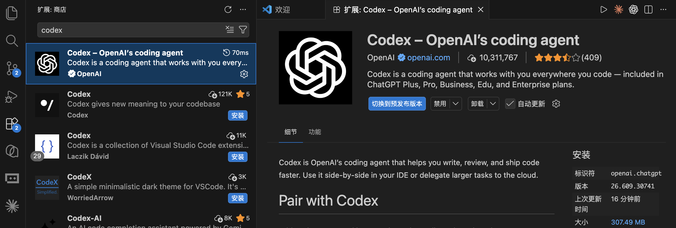VS Code 扩展市场搜 codex，认准发布者 OpenAI 的官方扩展